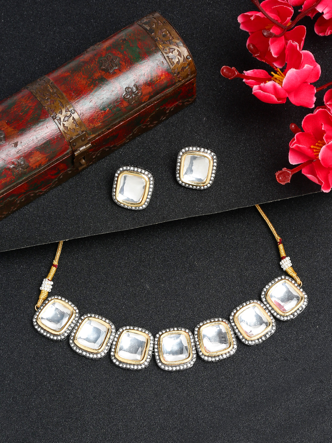 YouBella Jewellery Gold Plated Necklace Jewellery Set with Earrings and Maang Tikka for Girls and Women (Grey) (YBNK_50527)